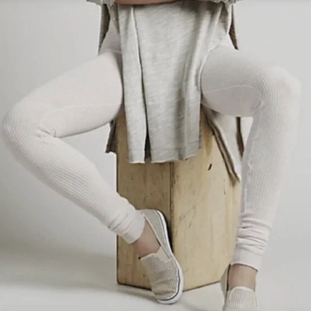 Free People Intimately Beige Soft Scalloped Trim Ribbed Leggings